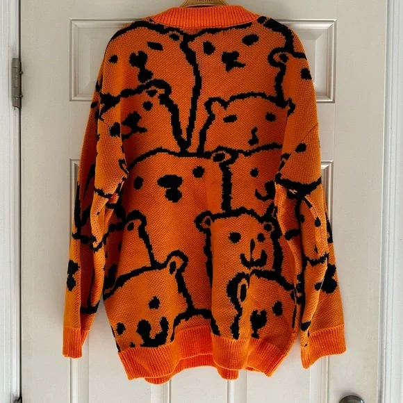 Shengu Polar Bear Crewneck Sweater Orange Back White Kawaii Oversized Knit Funky - Picture 12 of 13